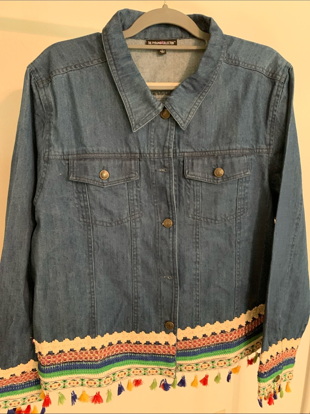The Pyramid Collection Blue Denim Jacket with Multicolor Embroidered Fringe